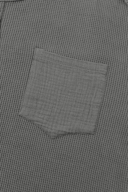 Gray Exposed Seam Patchwork Bubble Sleeve Waffle Knit Top