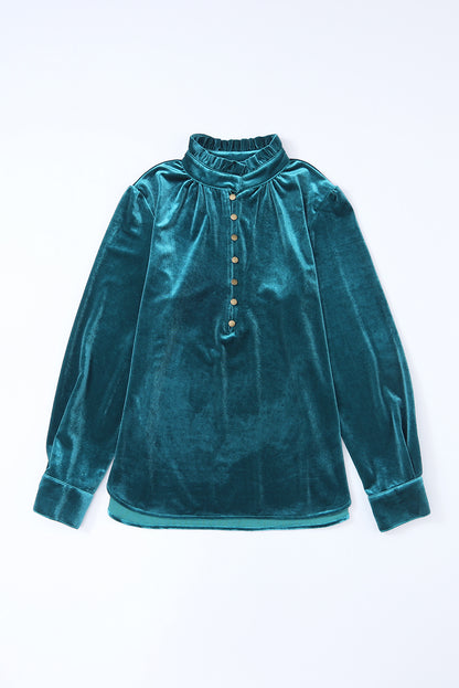 Burgundy Frilled Neck Buttoned Front Velvet Top