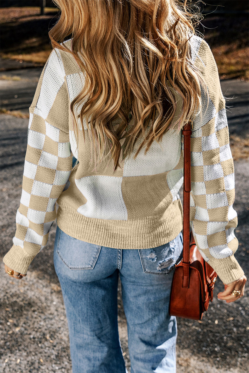 Medium Grey Checkered Print Drop Shoulder Sweater