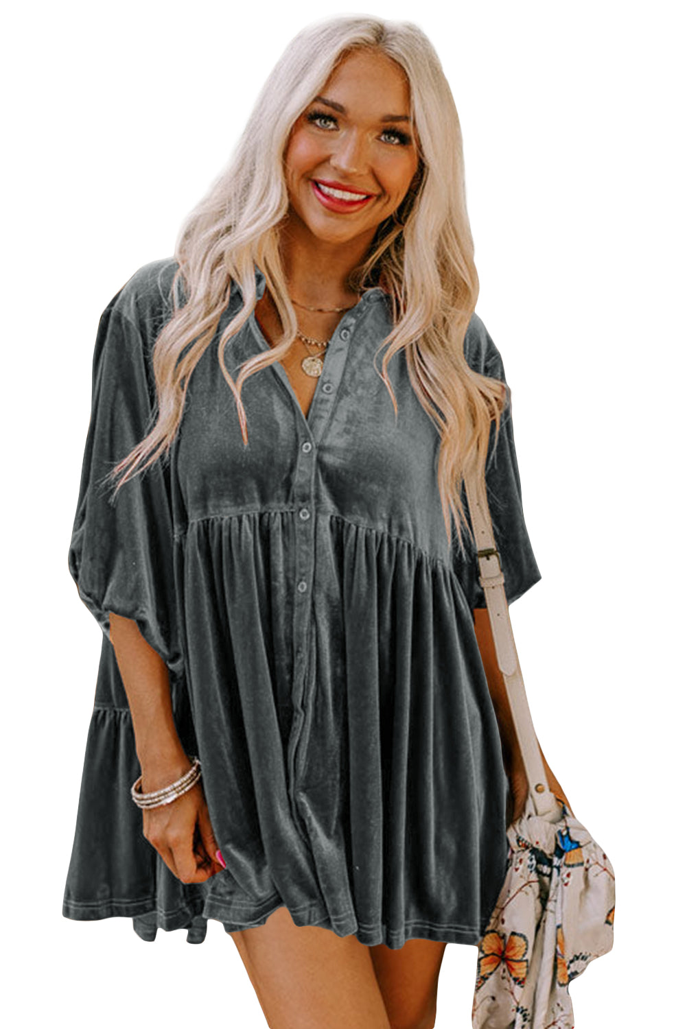 Pale Khaki 3/4 Sleeve Tunic Babydoll Velvet Shirt