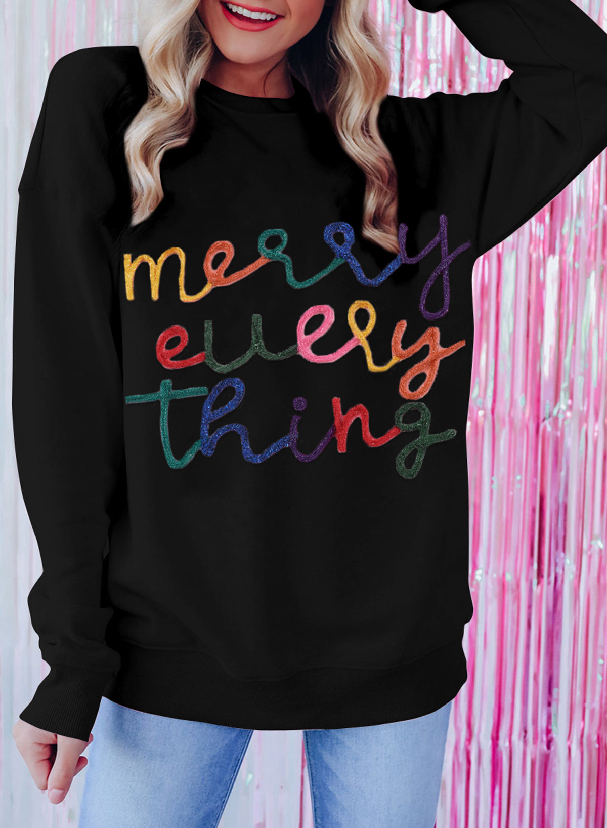 Black Holly Jolly Round Neck Casual Sweater