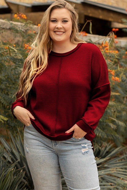 Gold Flame Exposed Seam Detail Waffle Knit Plus Size Top