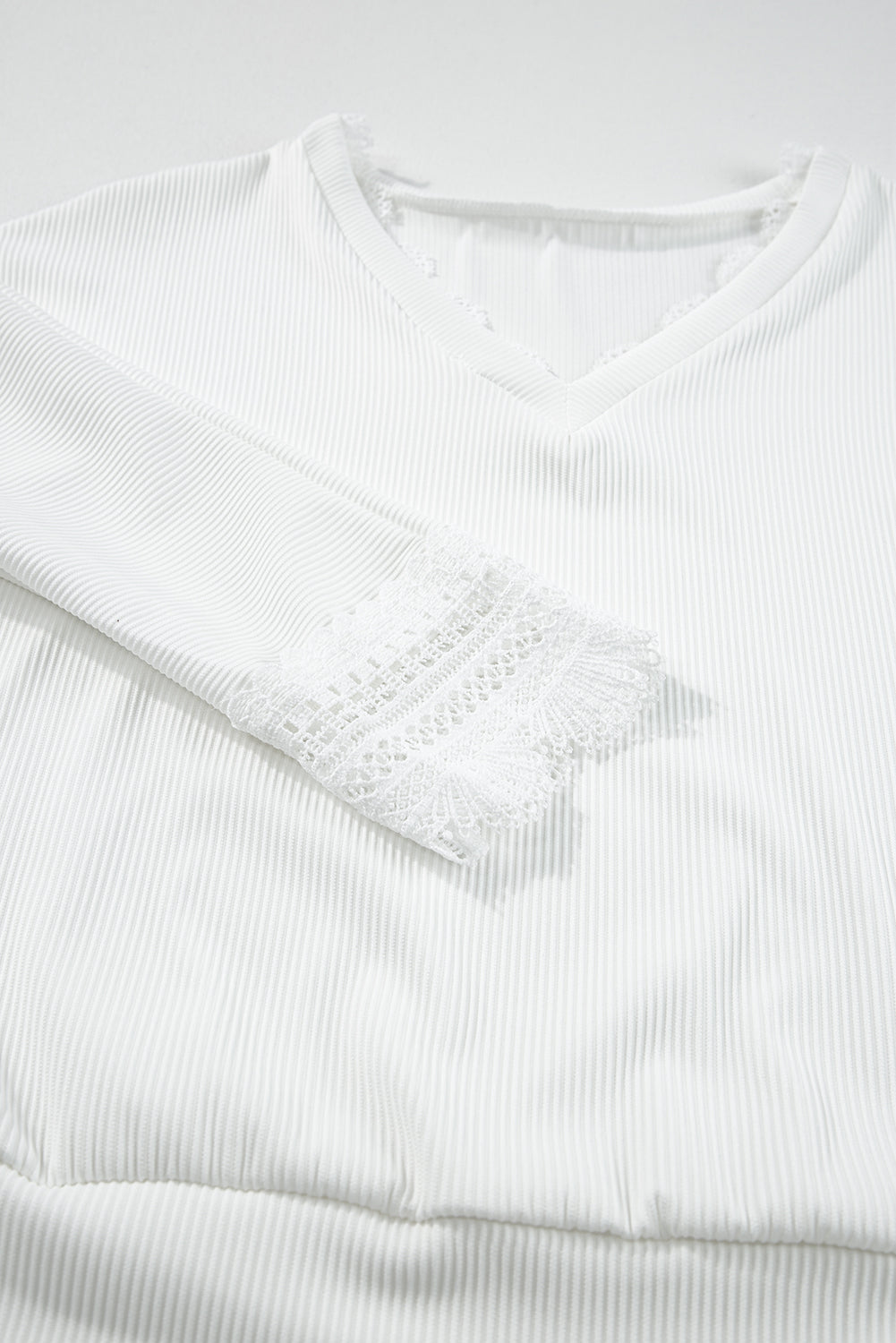 Black Ribbed Texture Lace Trim V Neck Long Sleeve Top