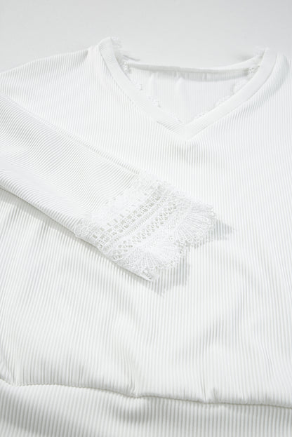 Black Ribbed Texture Lace Trim V Neck Long Sleeve Top