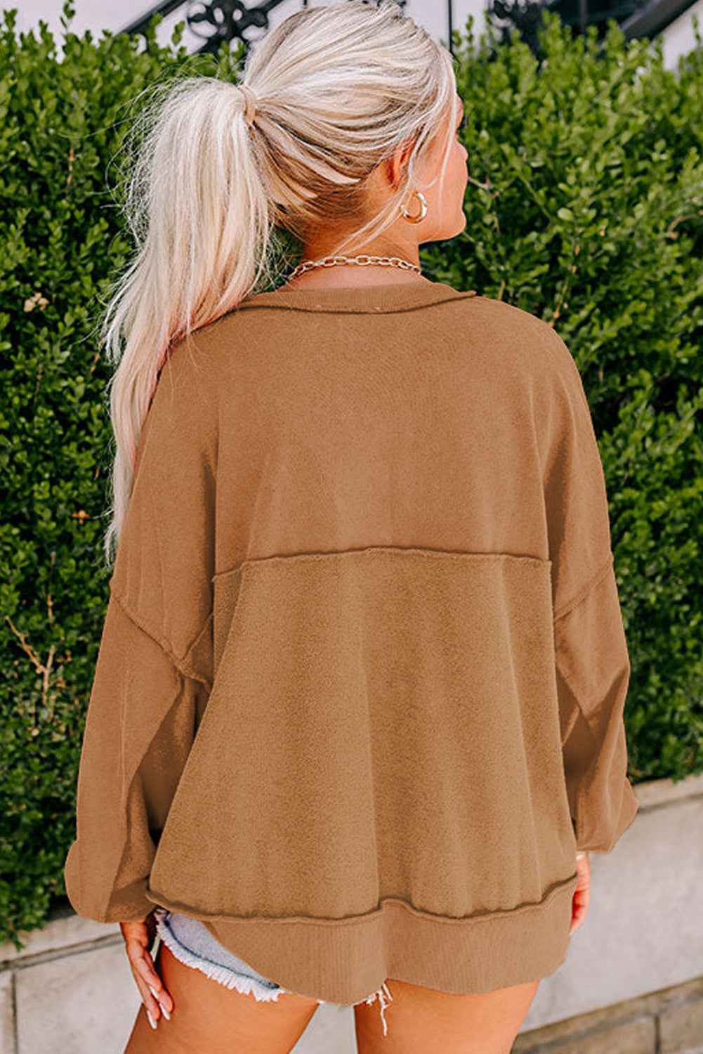 Black Drop Shoulder Henley Buttons Sweatshirt