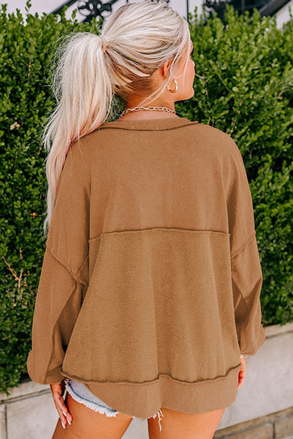 Black Drop Shoulder Henley Buttons Sweatshirt