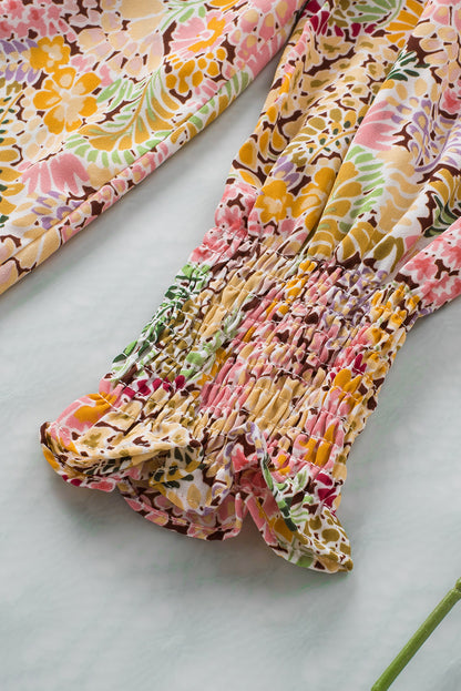 Multicolor Gorgeous Floral Print Tie V Neck Ruffle Dress