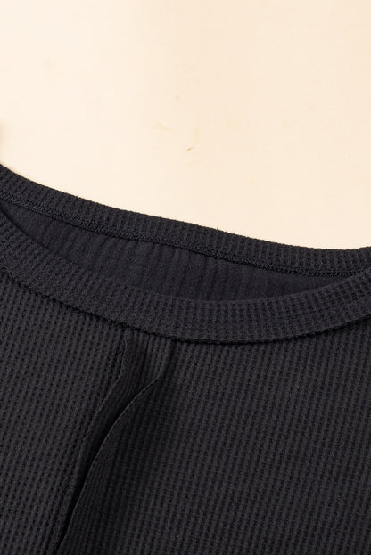 Gray Exposed Seam Patchwork Bubble Sleeve Waffle Knit Top