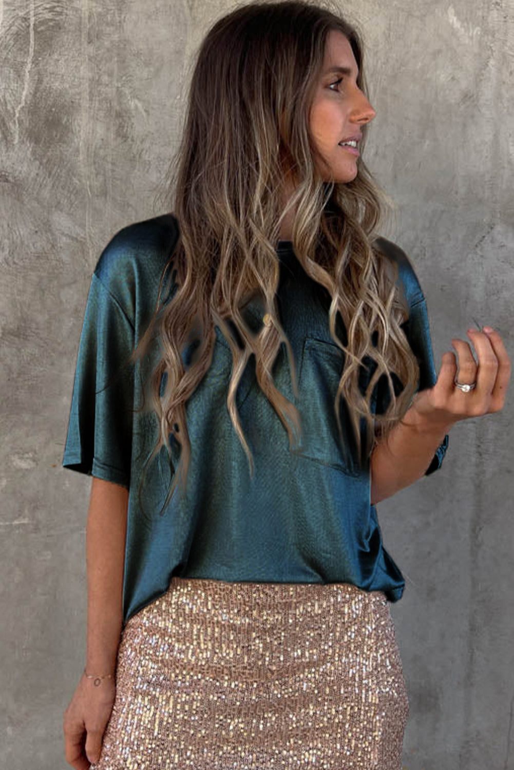 Apricot Glitter Chest Pocket Round Neck Long Sleeve Top