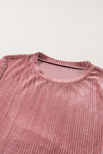 Pink Smocked Ribbed Velvet Babydoll Top