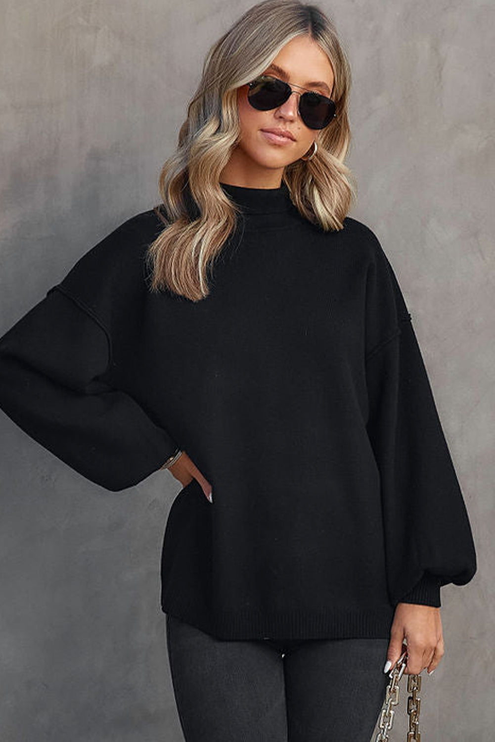 Gray Turtleneck Drop Shoulder Bubble Sleeve Knit Sweater