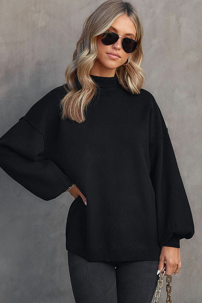 Gray Turtleneck Drop Shoulder Bubble Sleeve Knit Sweater