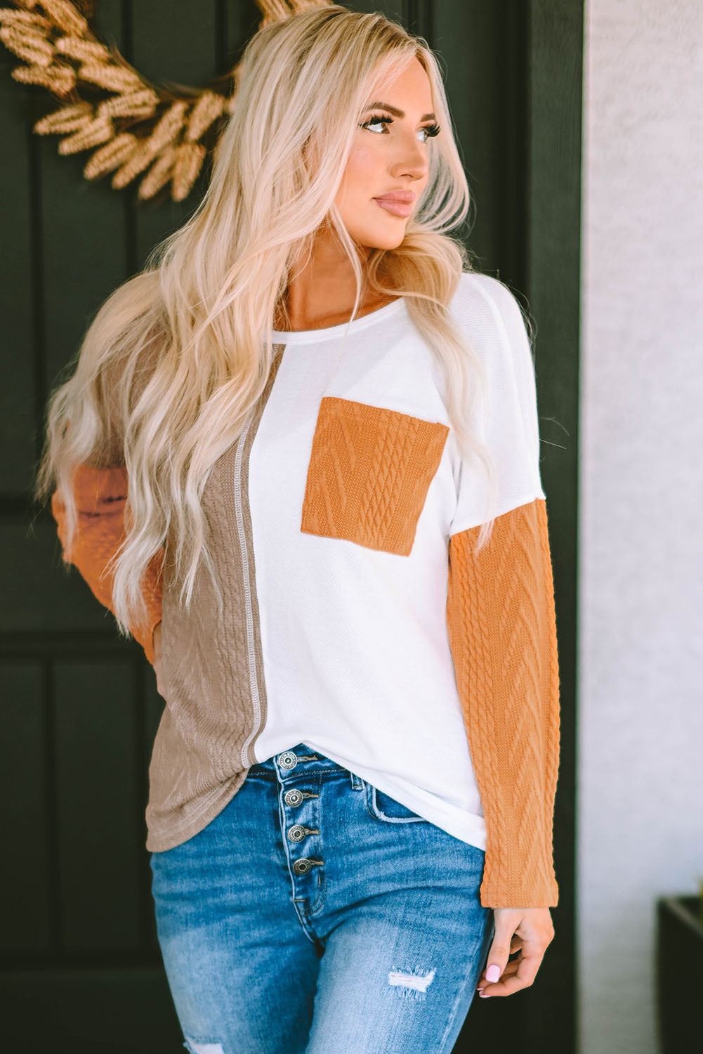 Black Long Sleeve Colorblock Chest Pocket Textured Knit Top