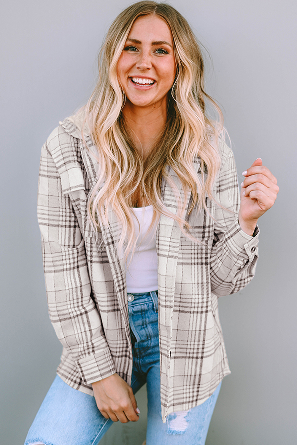 Khaki Printed Plus Size Plaid Print Contrast Hooded Shacket