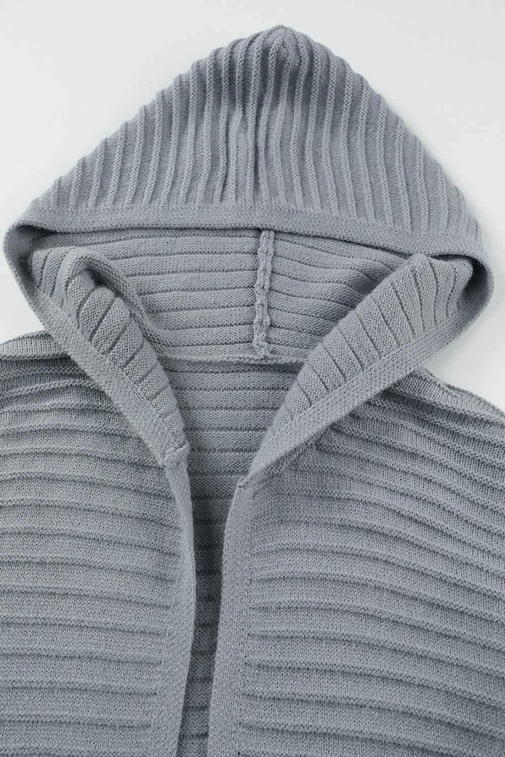 Black Horizontal Rib Knitted Open Front Hooded Cardigan