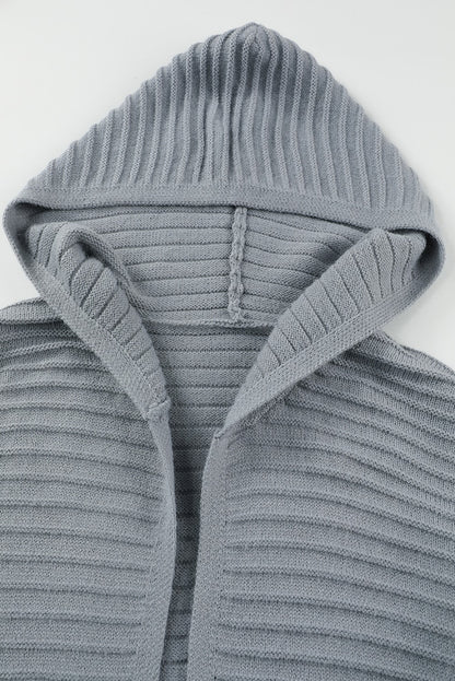 Black Horizontal Rib Knitted Open Front Hooded Cardigan