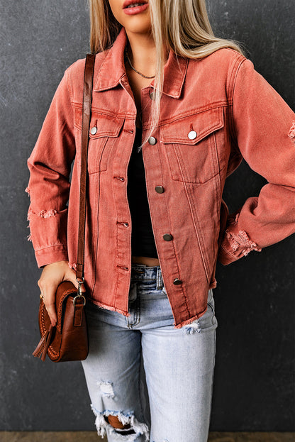 Dark Blue Plus Size Distressed Flap Pocket Denim Jacket