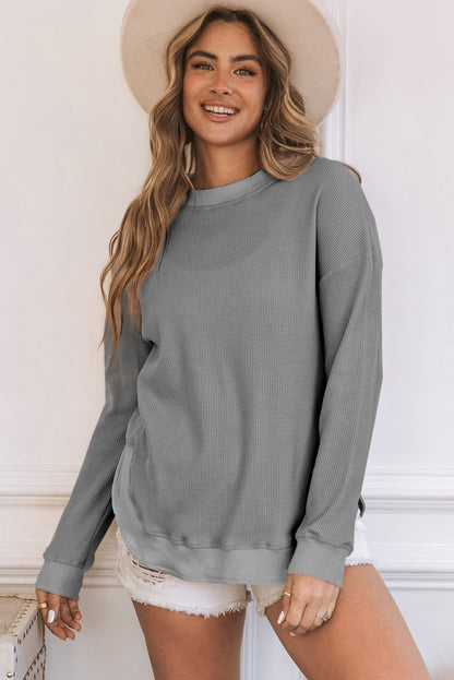 Pink Crew Neck Ribbed Trim Waffle Knit Top