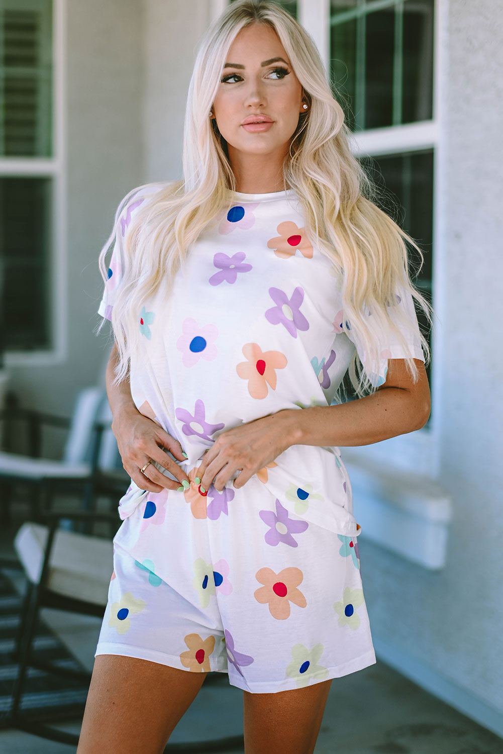 White Floral Long Sleeve Henley Top and Drawstring Shorts Set
