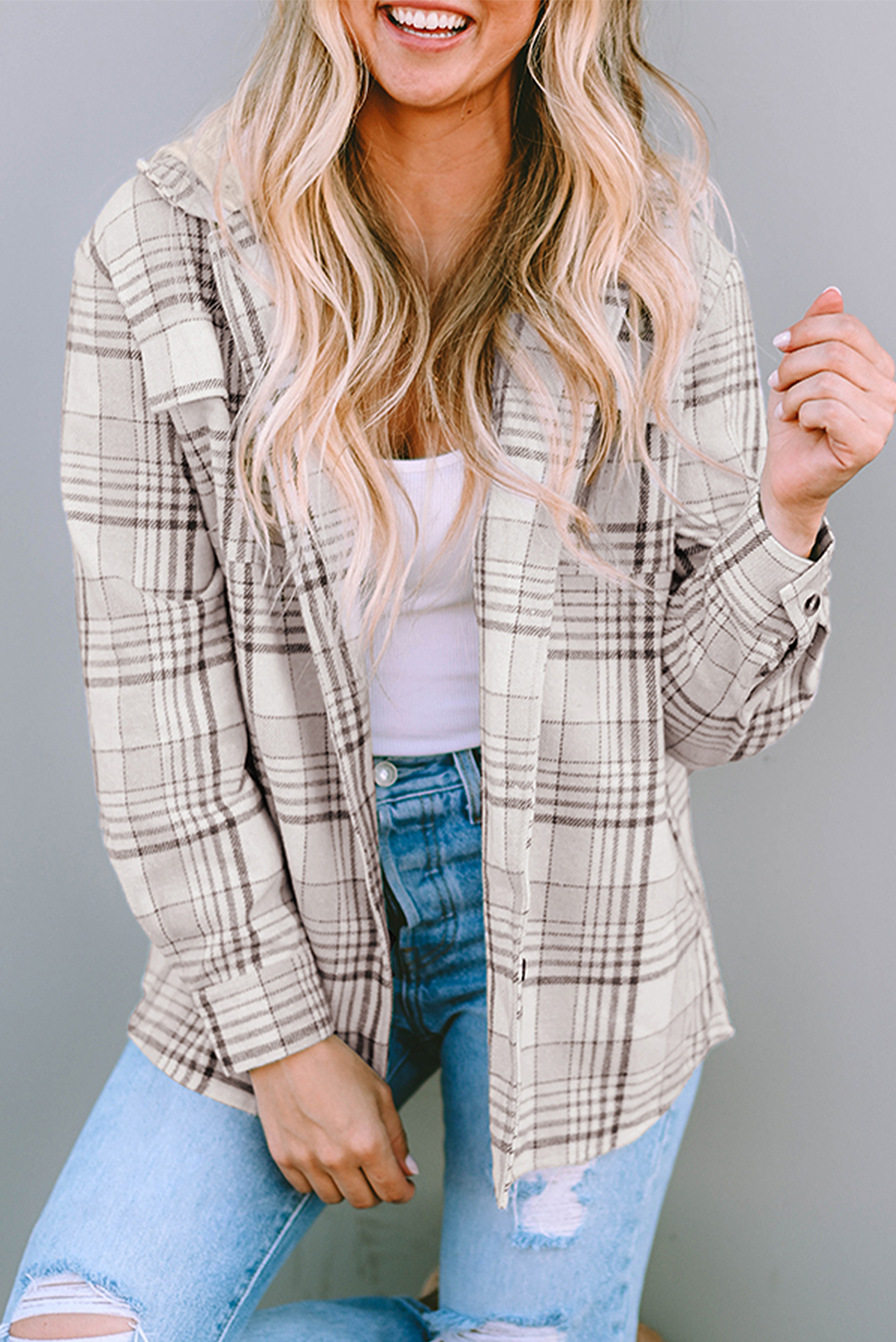 Khaki Printed Plus Size Plaid Print Contrast Hooded Shacket