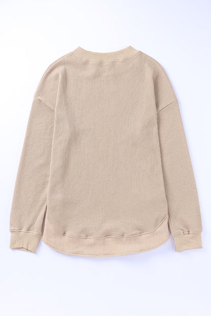 Pink Crew Neck Ribbed Trim Waffle Knit Top