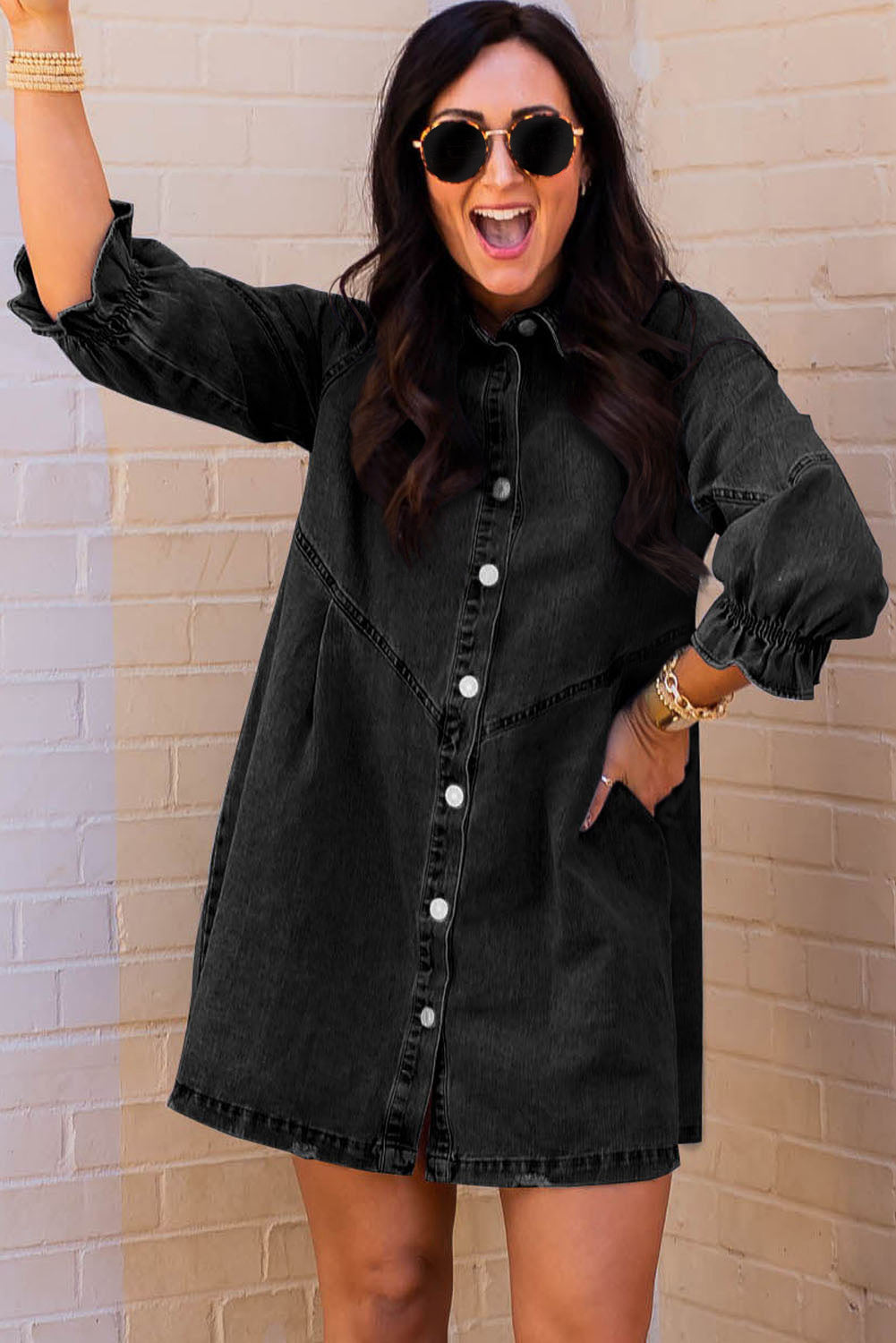 Gray Sequin Nutcracker Graphic Long Sleeve Shirt Denim Dress