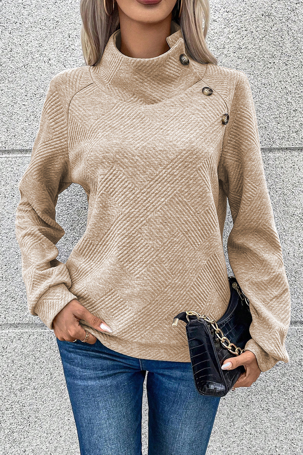 Light Grey Textured Knit Buttoned Kangaroo Pocket Sweatshirt