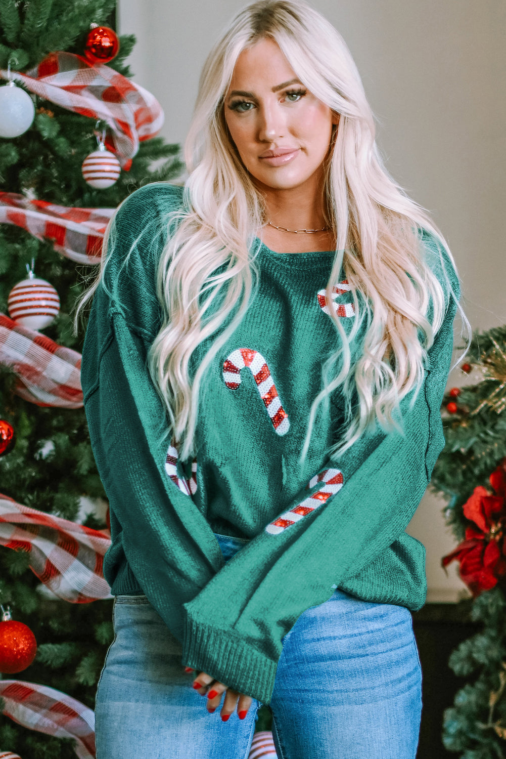 Fiery Red Sequined Christmas Tree Raglan Sleeve Sweatshirt