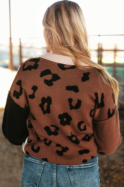 Coffee Colorblock Bishop Sleeve Ribbed Trim Sweater