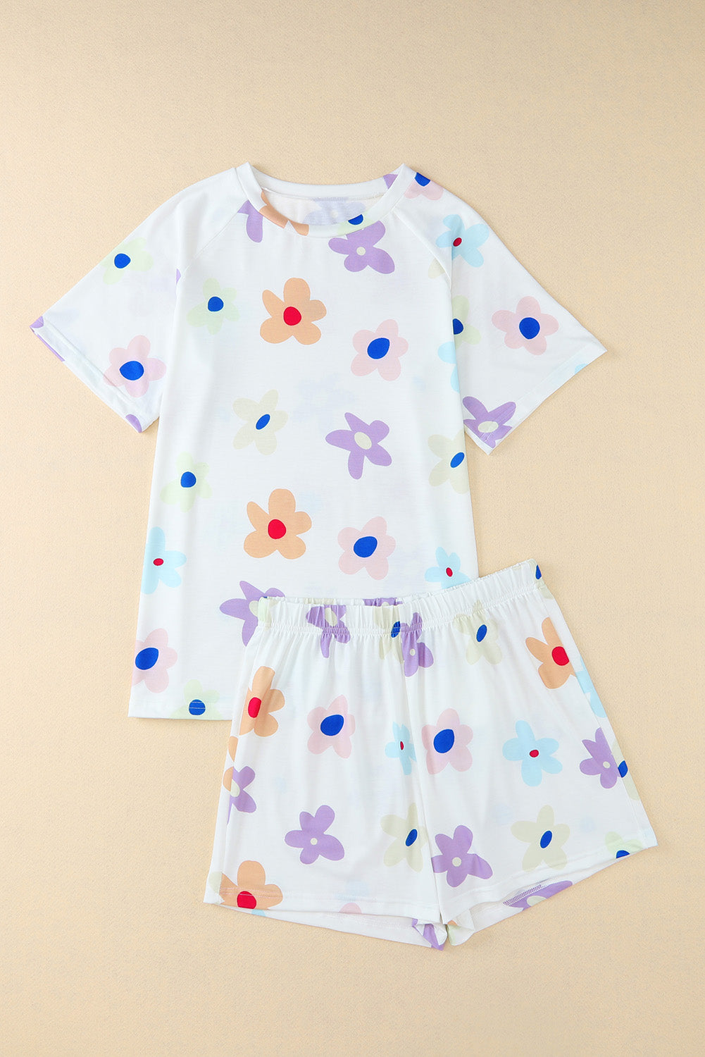 White Floral Long Sleeve Henley Top and Drawstring Shorts Set