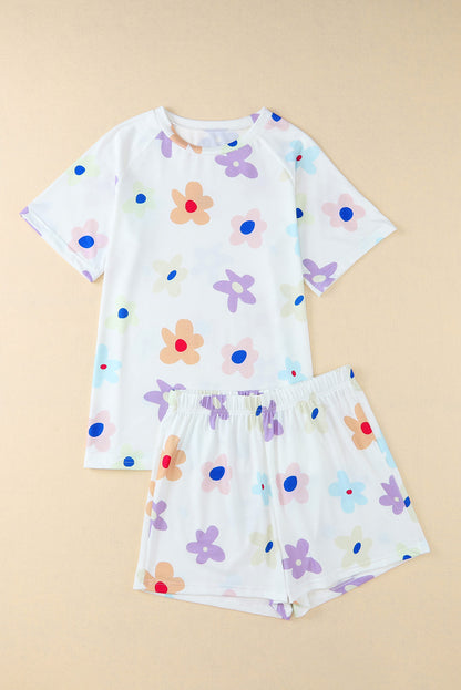 White Floral Long Sleeve Henley Top and Drawstring Shorts Set
