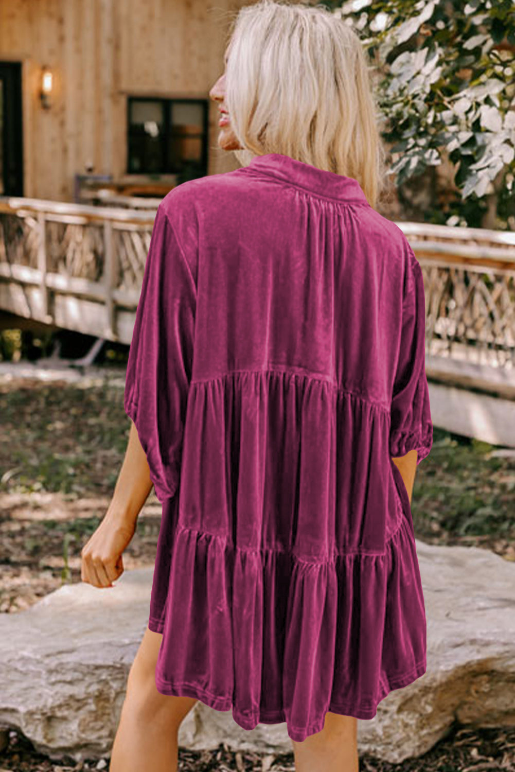 Pale Khaki 3/4 Sleeve Tunic Babydoll Velvet Shirt
