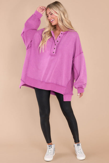 Green Oversized Exposed Seam Henley Sweatshirt