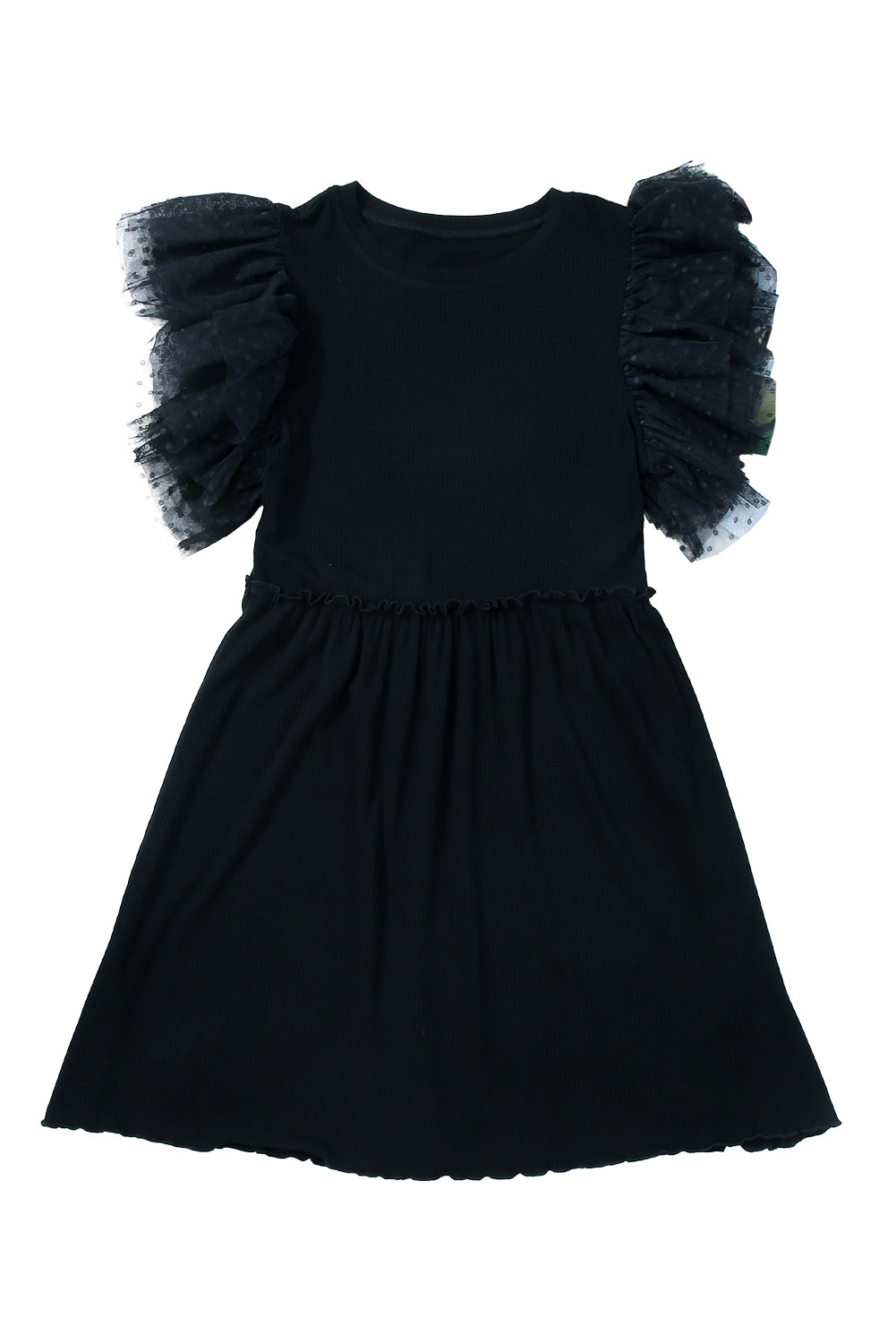 Black Dotty Mesh Ruffle Sleeve Ribbed Knit Top