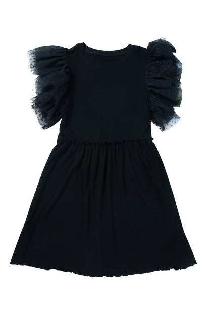 Black Dotty Mesh Ruffle Sleeve Ribbed Knit Top