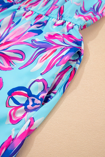 Purple Floral Print Pocketed Frill Sleeveless Romper