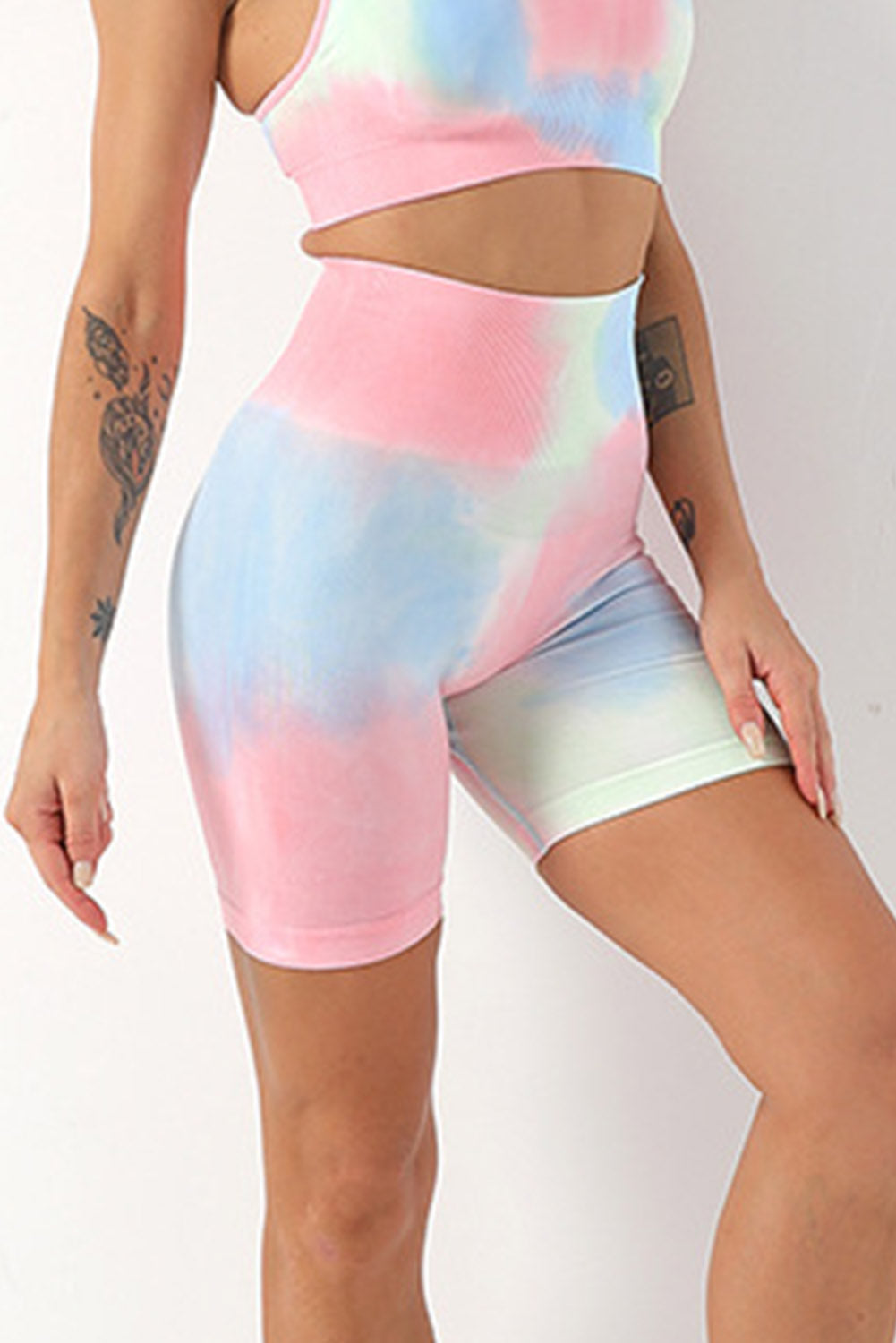 Sky Blue Tie Dye Tummy Control High Waist Skinny Yoga Shorts