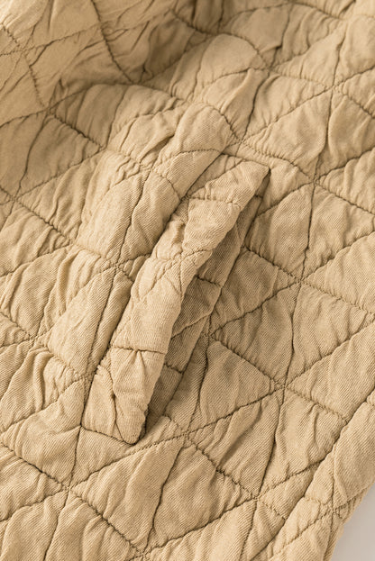 Coffee Solid Color Quilted Kangaroo Pocket Hoodie