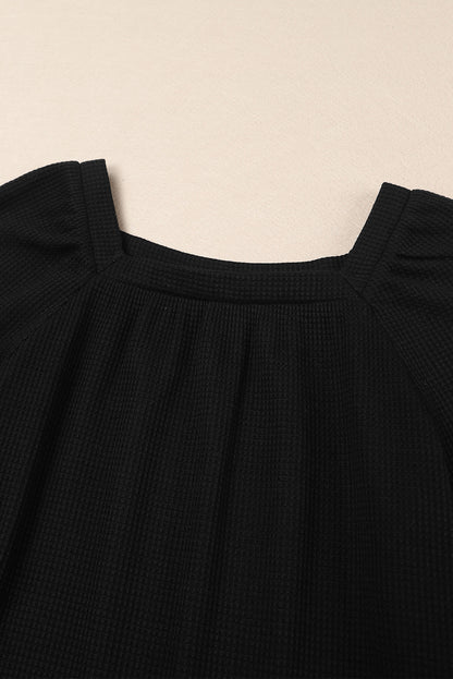 Green Scoop Neck Puff Sleeve Waffle Knit Top