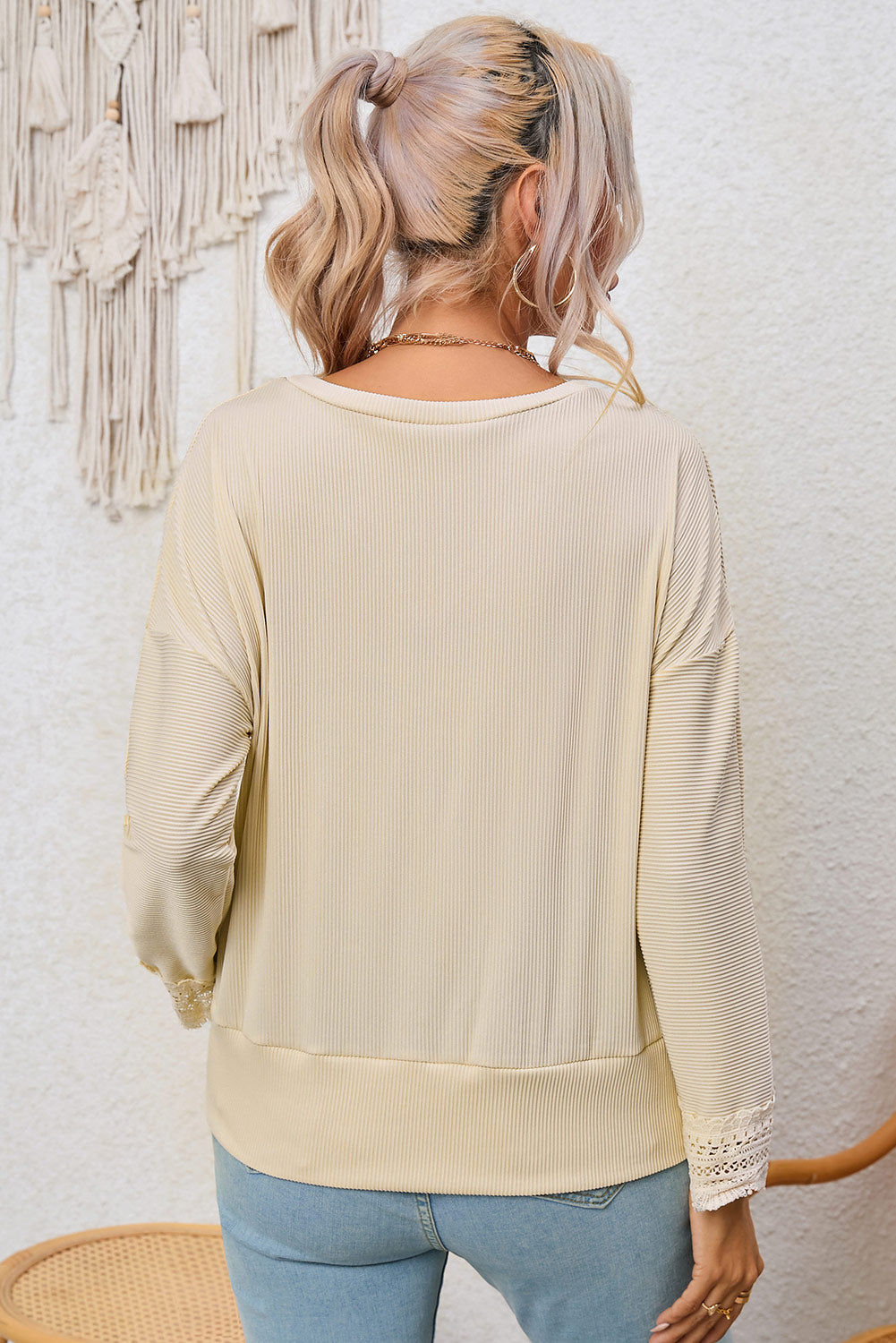 Black Ribbed Texture Lace Trim V Neck Long Sleeve Top