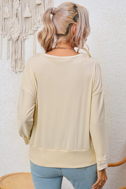 Black Ribbed Texture Lace Trim V Neck Long Sleeve Top