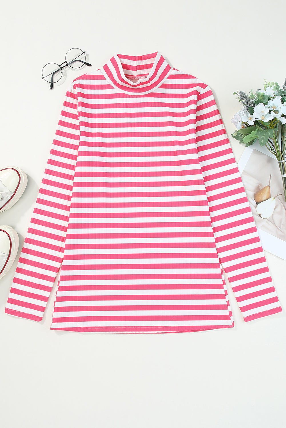 Black Striped Print Textured Knit Long Sleeve Tee