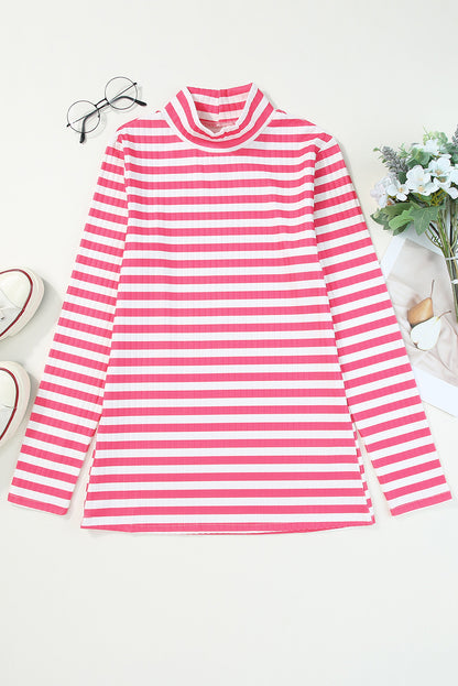Black Striped Print Textured Knit Long Sleeve Tee