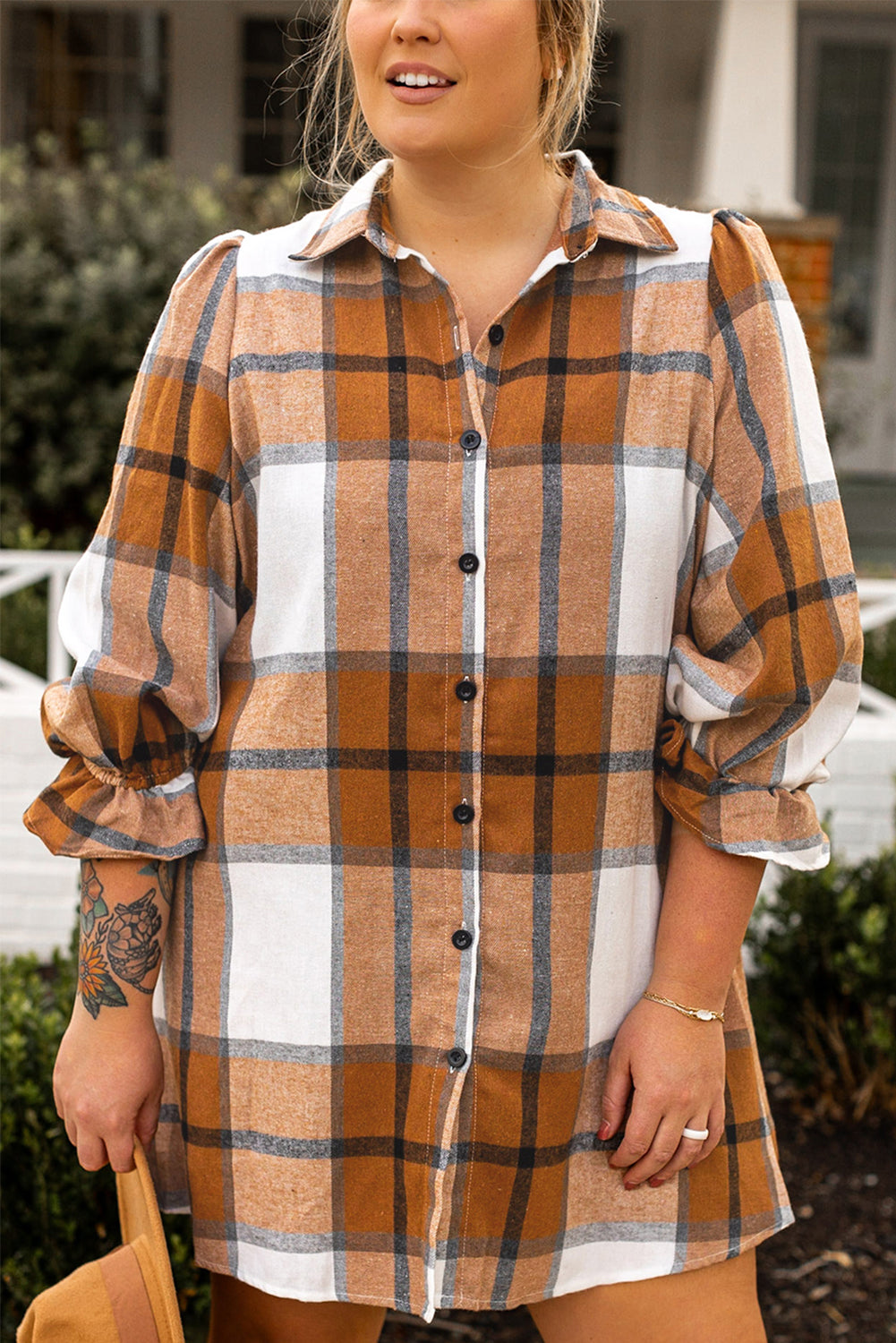 Khaki Plaid Pattern Collared Neck Ruffled Sleeve Shirt Dress