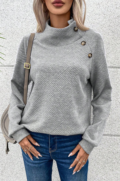 Light Grey Textured Knit Buttoned Kangaroo Pocket Sweatshirt