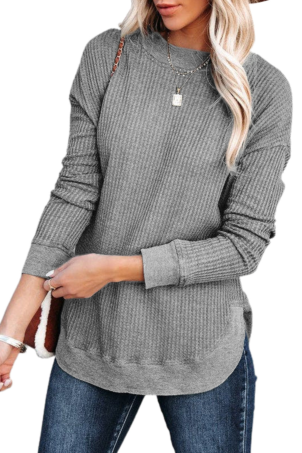 Pink Crew Neck Ribbed Trim Waffle Knit Top