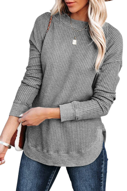 Pink Crew Neck Ribbed Trim Waffle Knit Top