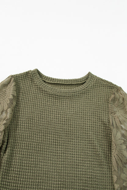 Black Sunflower Mesh Bubble Sleeve Waffle Knit Top