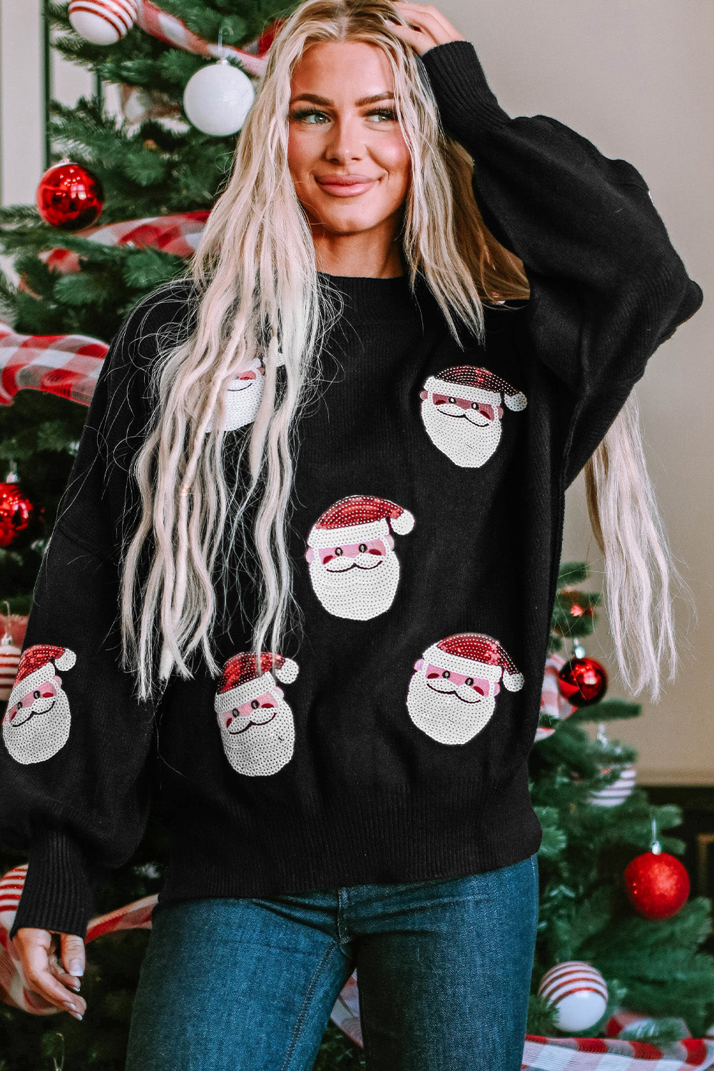 Fiery Red Sequined Christmas Tree Raglan Sleeve Sweatshirt