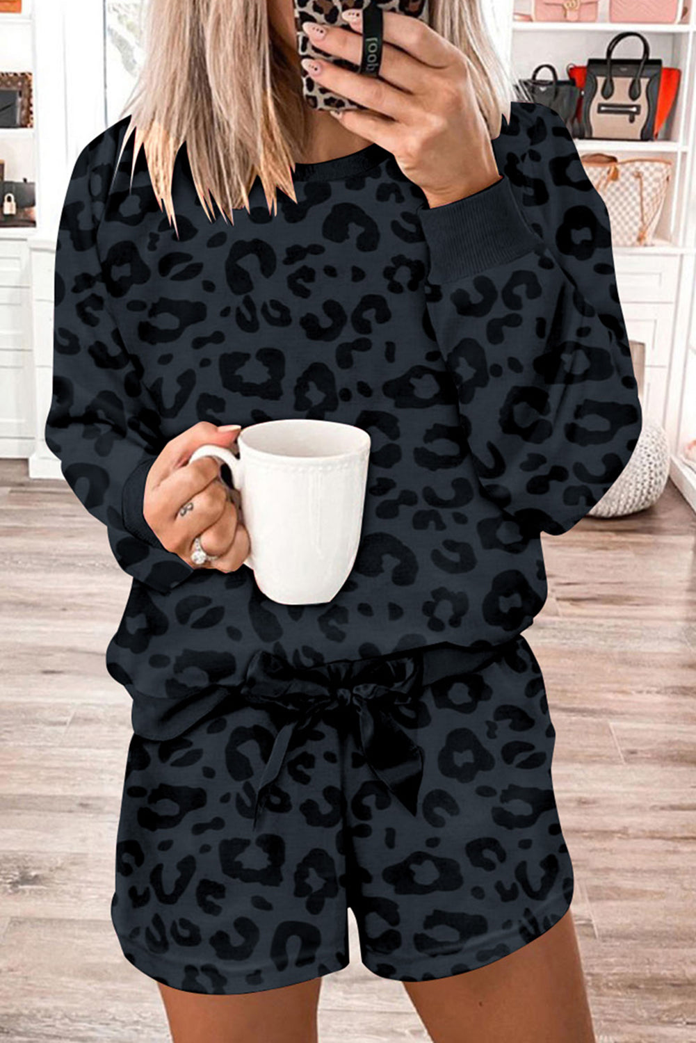 Leopard Print Zipped Split Neck Drawstring Pants Set